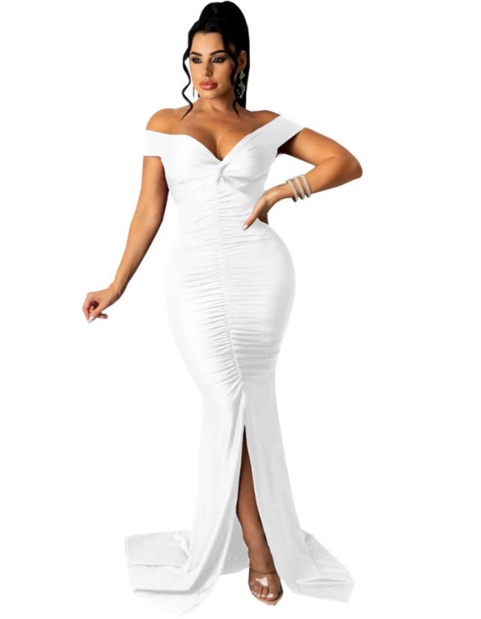 SHOPIQAT Women's Solid Colour Big V Neck Skinny Ruched Dress - Premium from shopiqat - Just $12.900! Shop now at shopiqat